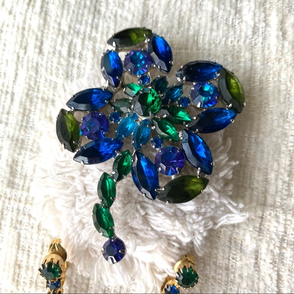 Set of Blue & Green Gemstone Earrings & Brooch - Picture 3 of 5